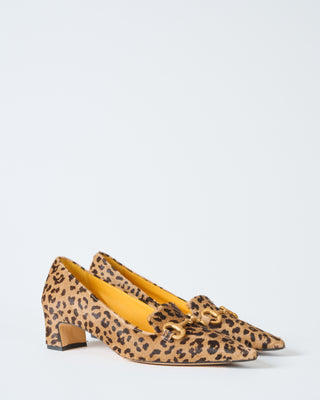 pointed leopard pony heel with gold bit
