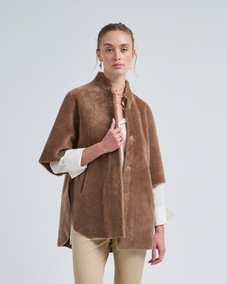 shearling collared cape jacket