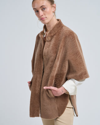 shearling collared cape jacket
