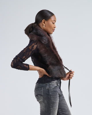 shearling shawl scarf with leather tie