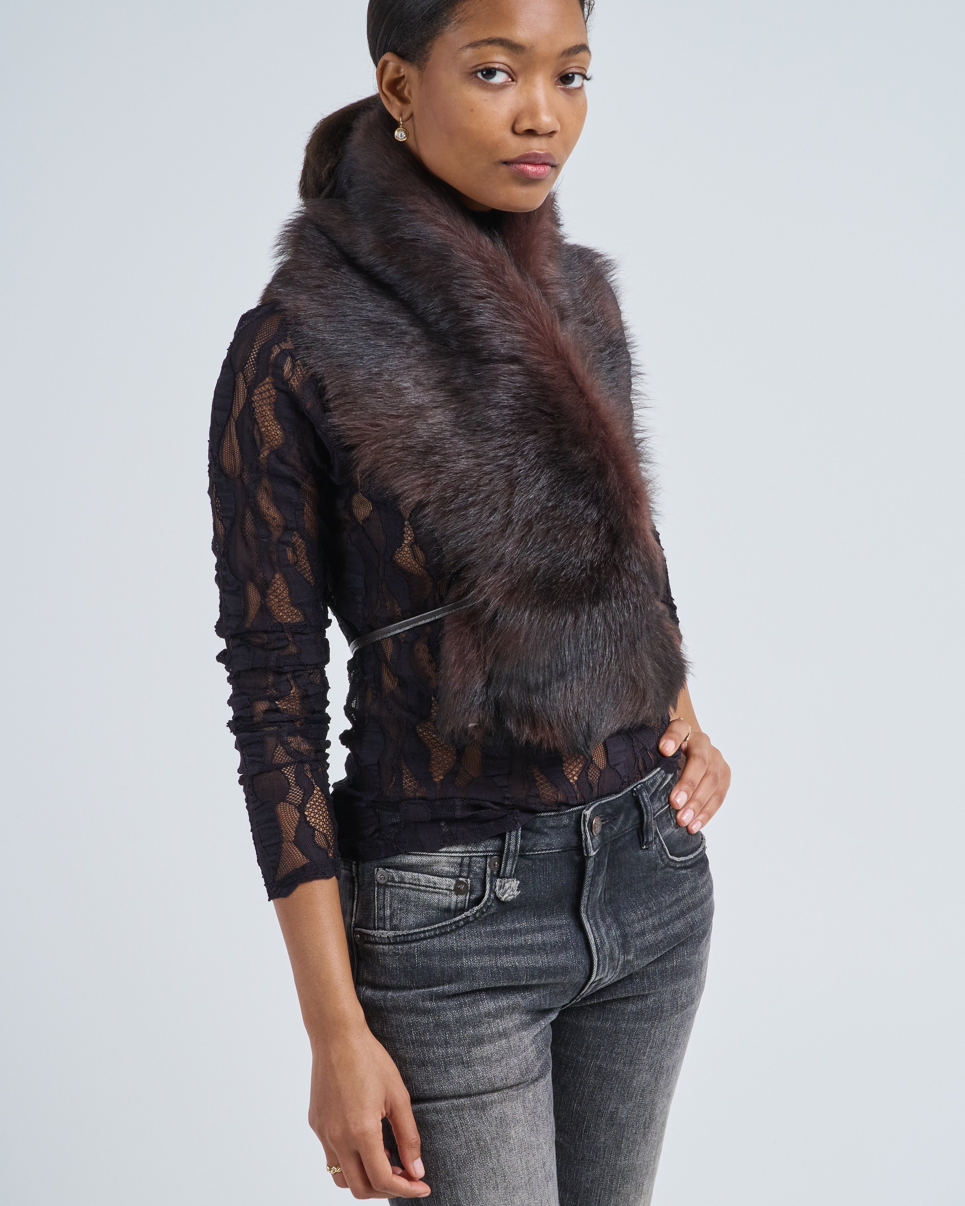 Gushlow And Cole Shearling Shawl Scarf With Leather Tie Dark Brown Tip