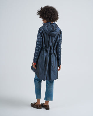 shiny nylon high low jacket with taffeta hood and back