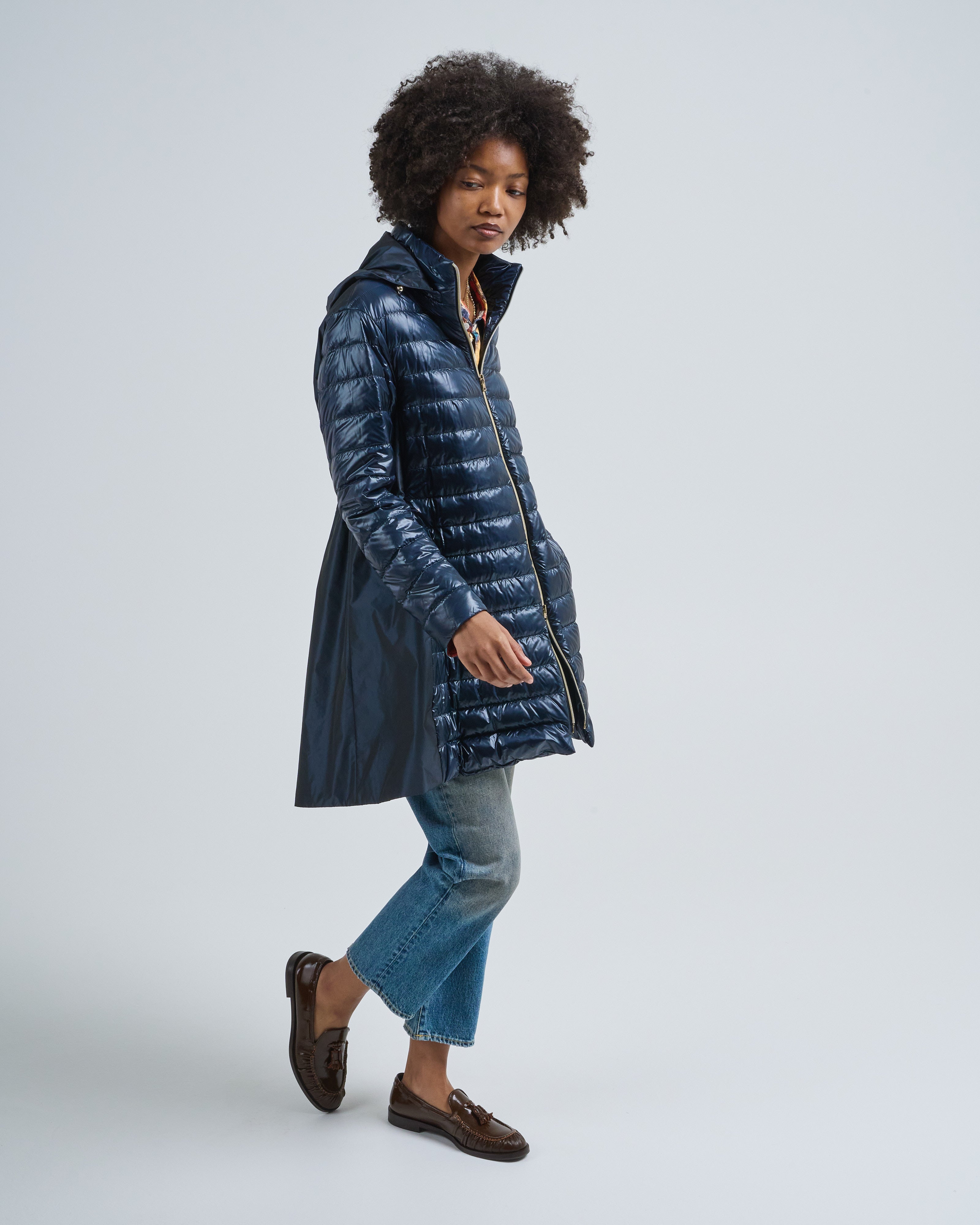 Herno Shiny Nylon High Low Jacket With Taffeta Hood And Back