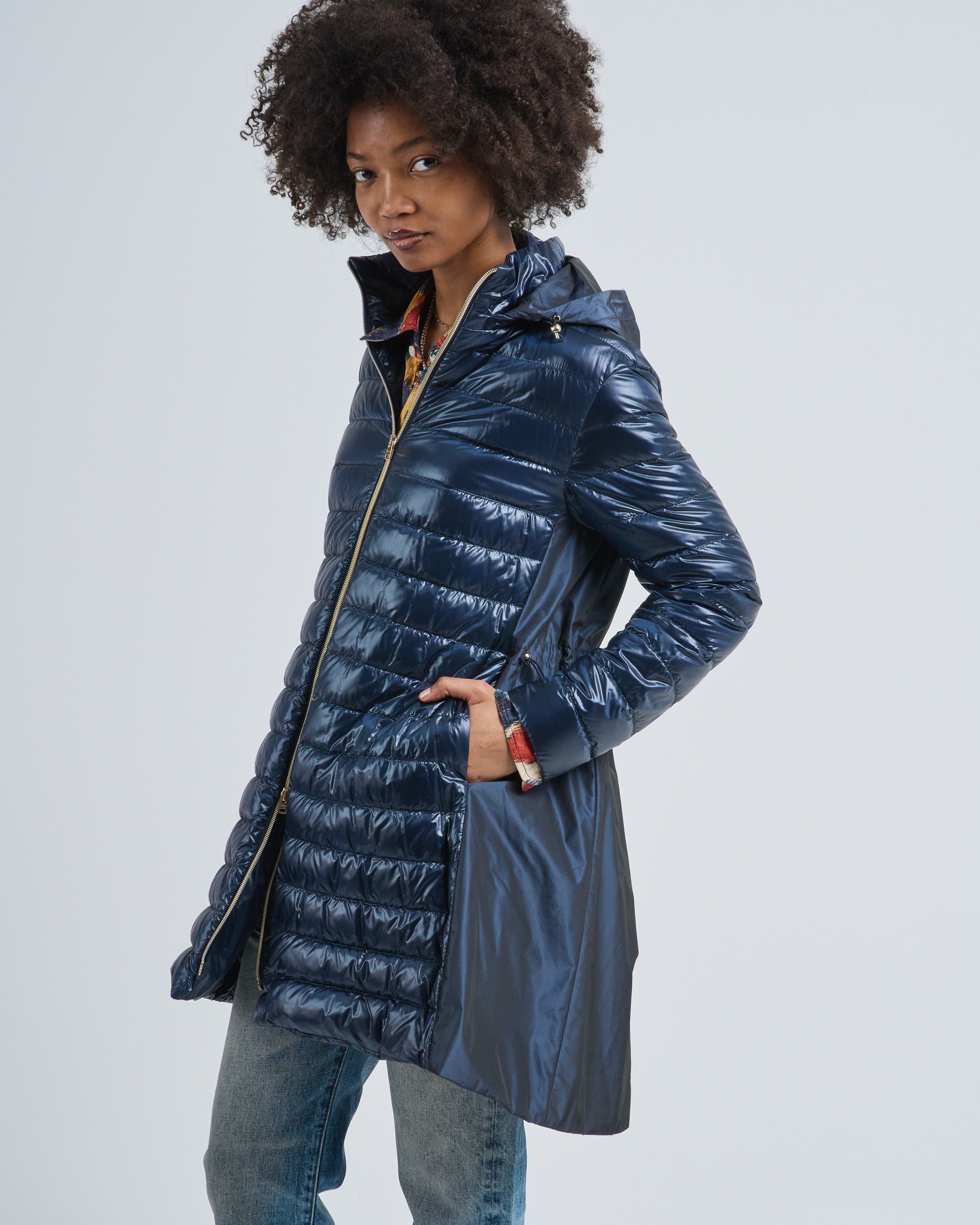 Herno Shiny Nylon High Low Jacket With Taffeta Hood And Back
