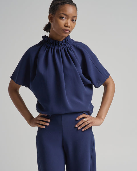 Edeline Lee Short Ruff Blouse Navy Georgette Champion