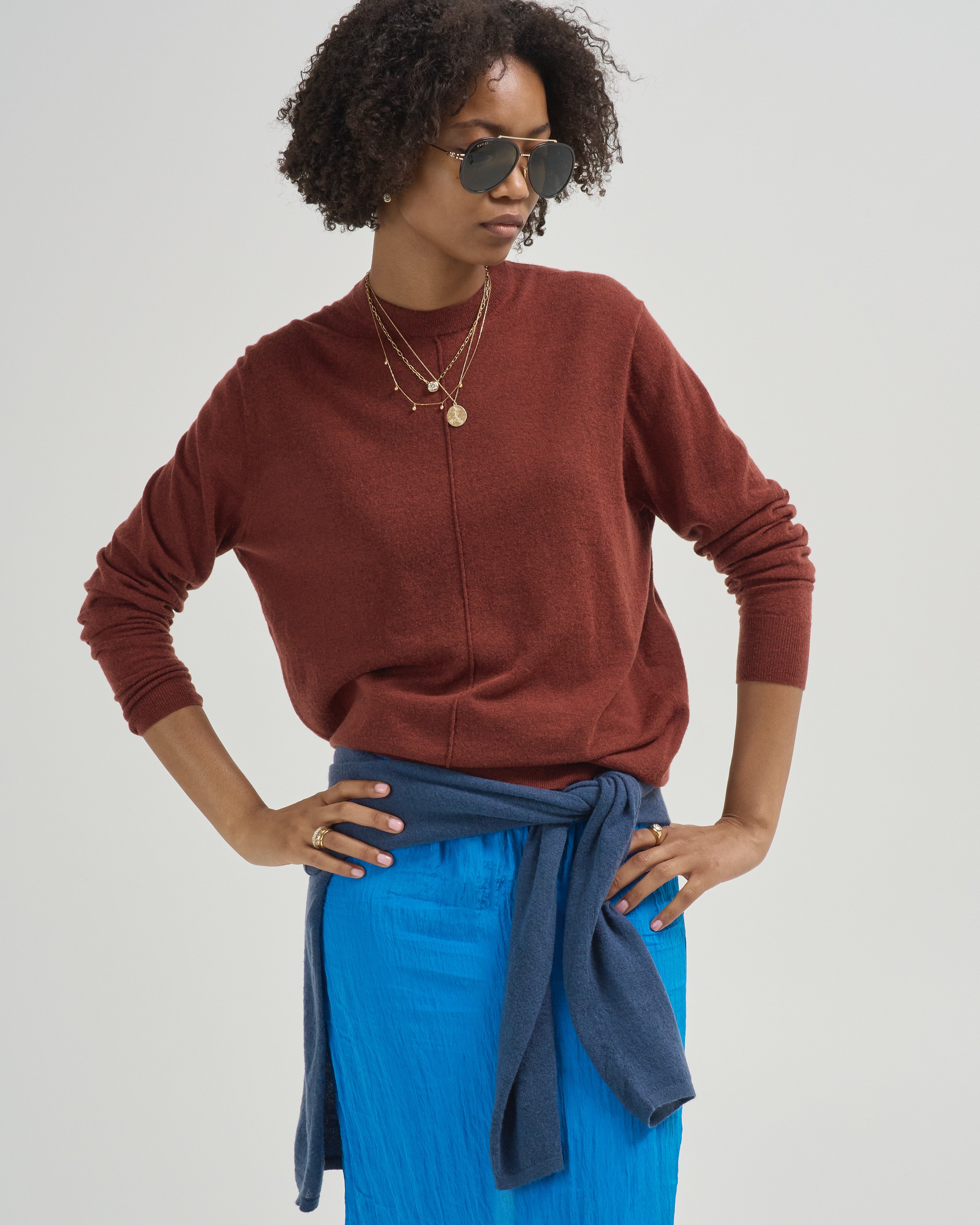 Tibi Skinlike Mercerized Wool Crewneck Pullover Red Clay