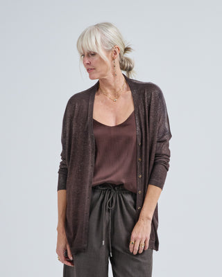 star dust effect long cardigan with silk on back