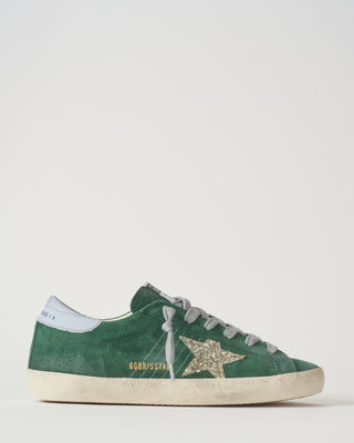 super star suede upper and toe glitter star leather heel sneaker
