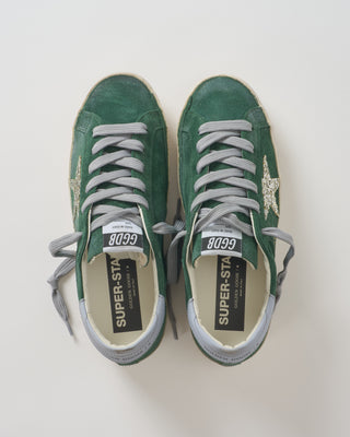 super star suede upper and toe glitter star leather heel sneaker