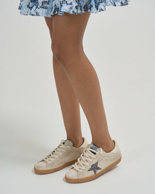 super star suede upper and toe glitter star leather heel sneaker