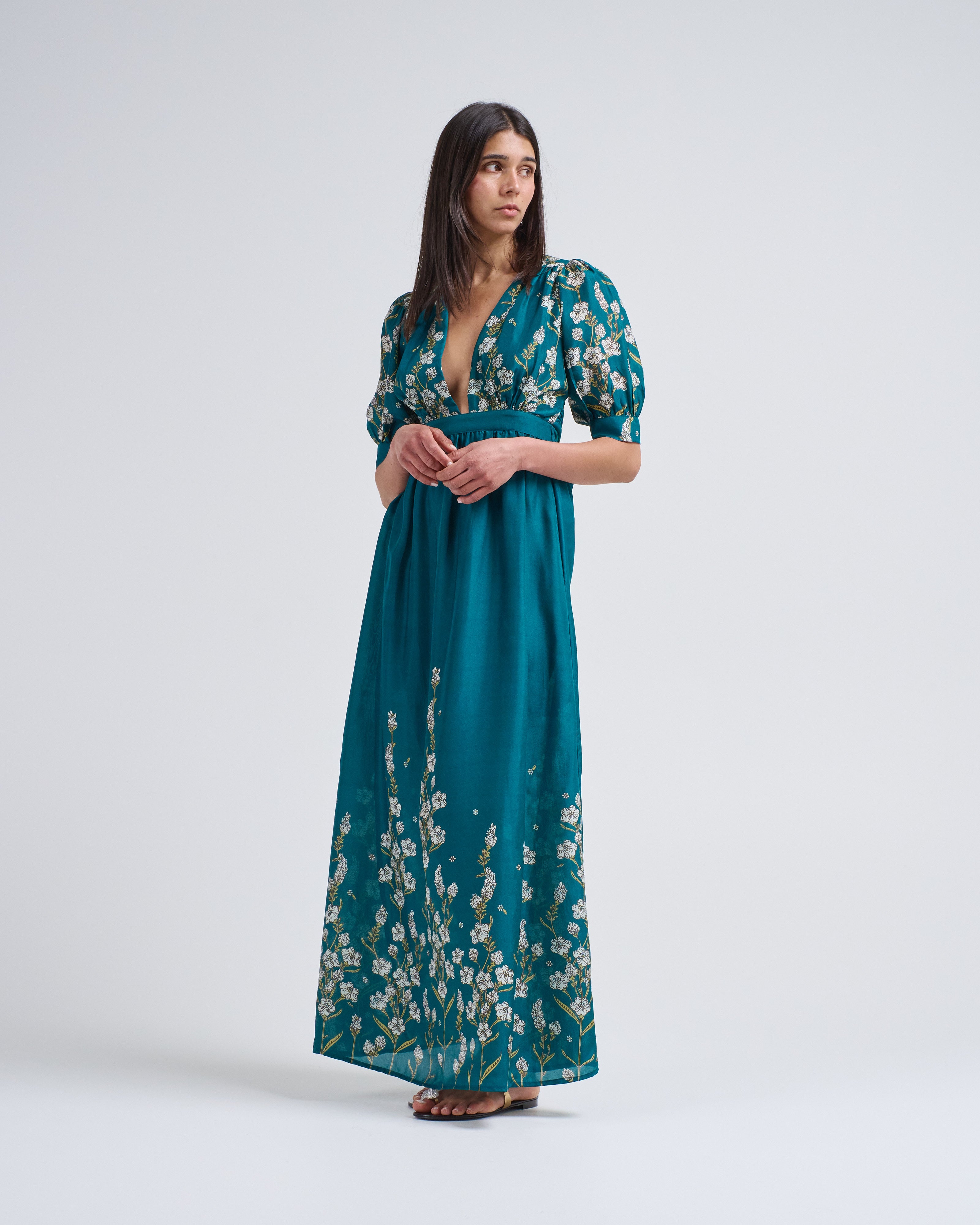 valencia floral cotton maxi dress Tolleson Floral Valencia Split Neck Maxi Dress BROWN-BLU / XL by Sugarlips