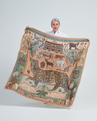 the jaguar's paradise wool/silk square scarf - peach/sage