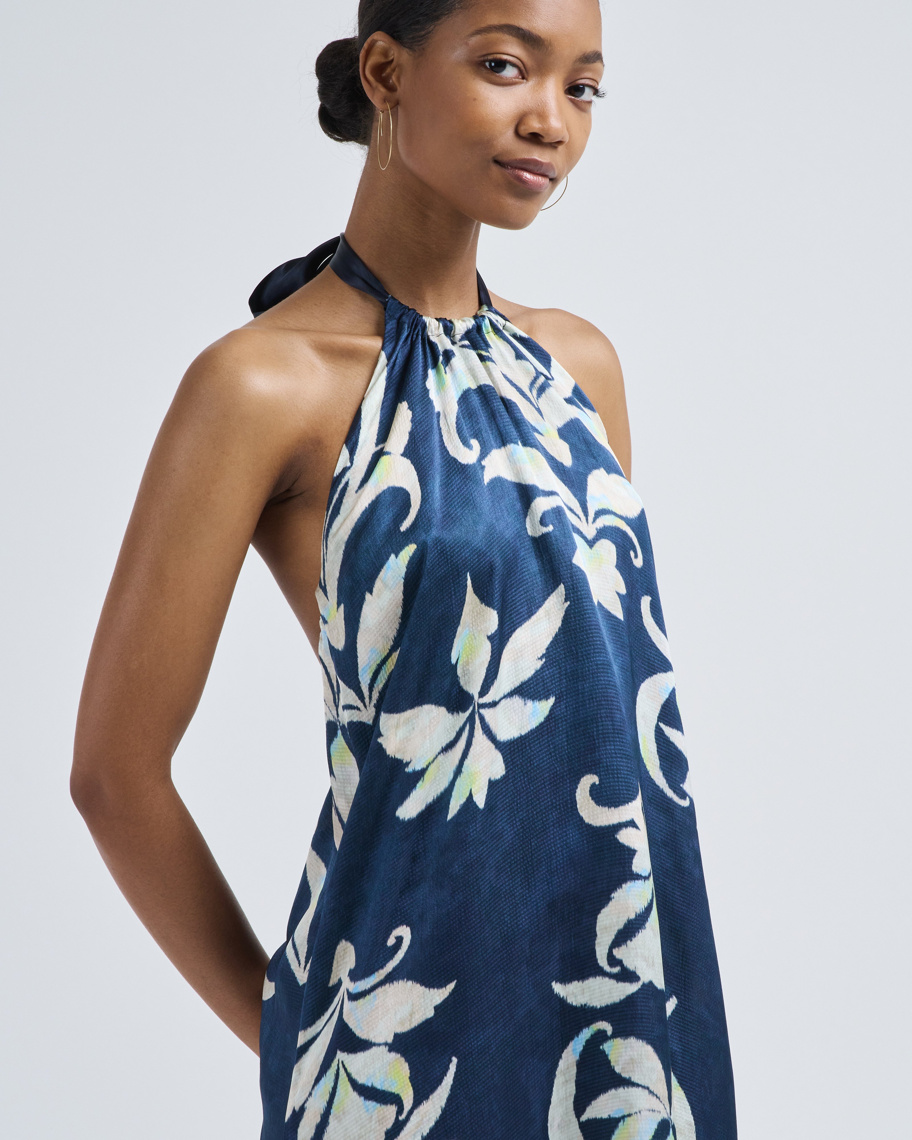 Forte Forte The Secret Lily Print Viscose Back Neckline Dress Oltremare