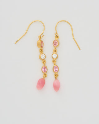 triple drop padparadscha, diamond, and conch earrings