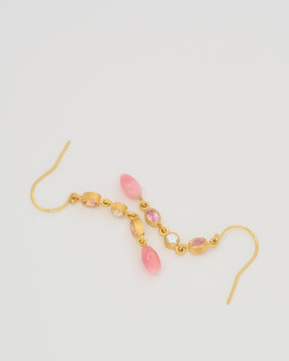 triple drop padparadscha, diamond, and conch earrings