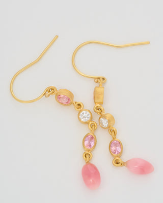 triple drop padparadscha, diamond, and conch earrings