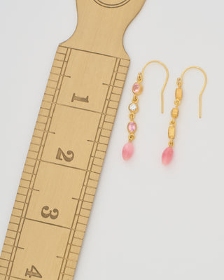 triple drop padparadscha, diamond, and conch earrings
