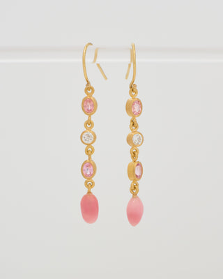 triple drop padparadscha, diamond, and conch earrings