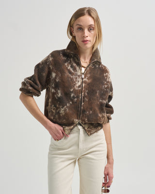 two colors camouflage effect ribbed high neck cardigan with zip