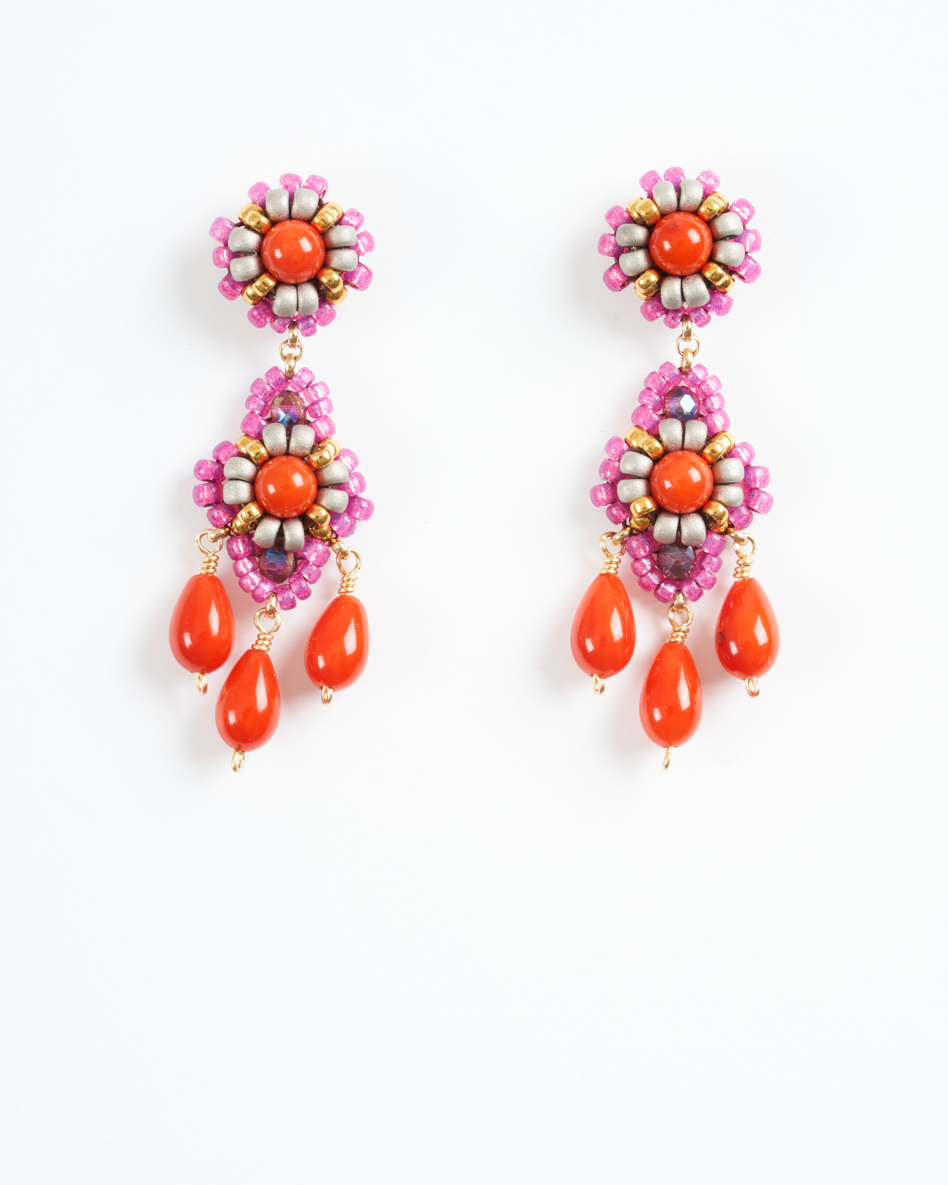 Miguel Ases Red Coral And Miyuki Drop Earrings Pink Multi
