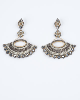 silver and opalite drop fan earrings - grey/ gold
