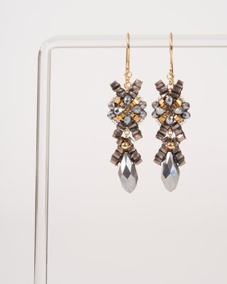 2" swarovski/pyrite/miyuki earrings - grey/gold