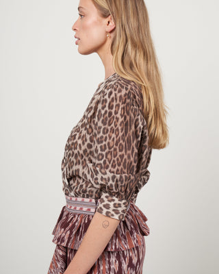 3/4 sleeve tie front blouse - leopard