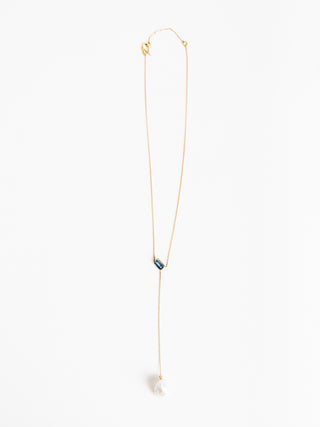 blue tourmaline & pearl Y necklace