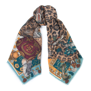 leopard wool/silk scarf - teal