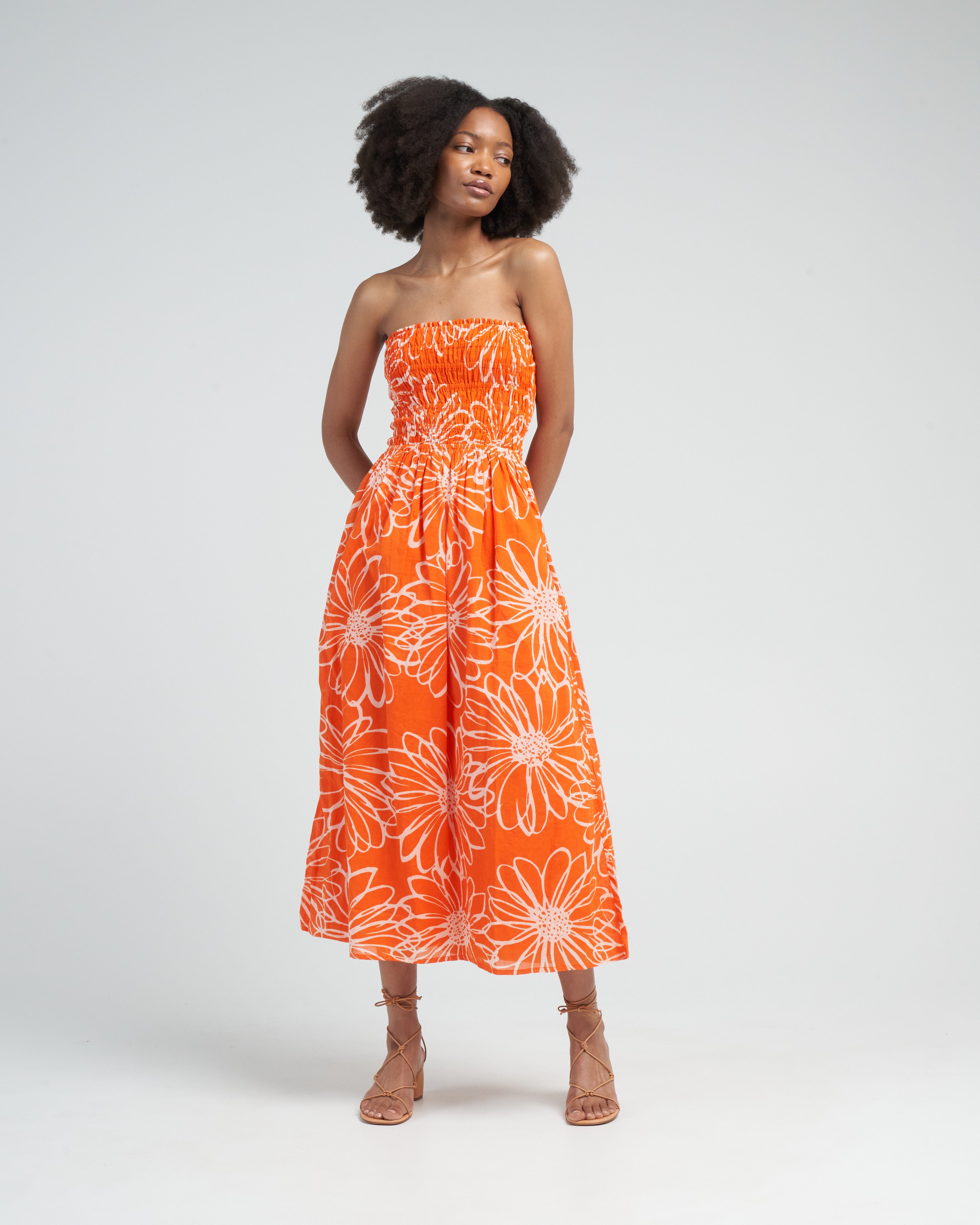 faithfull the brand orange floral dress Acacia Midi Dress