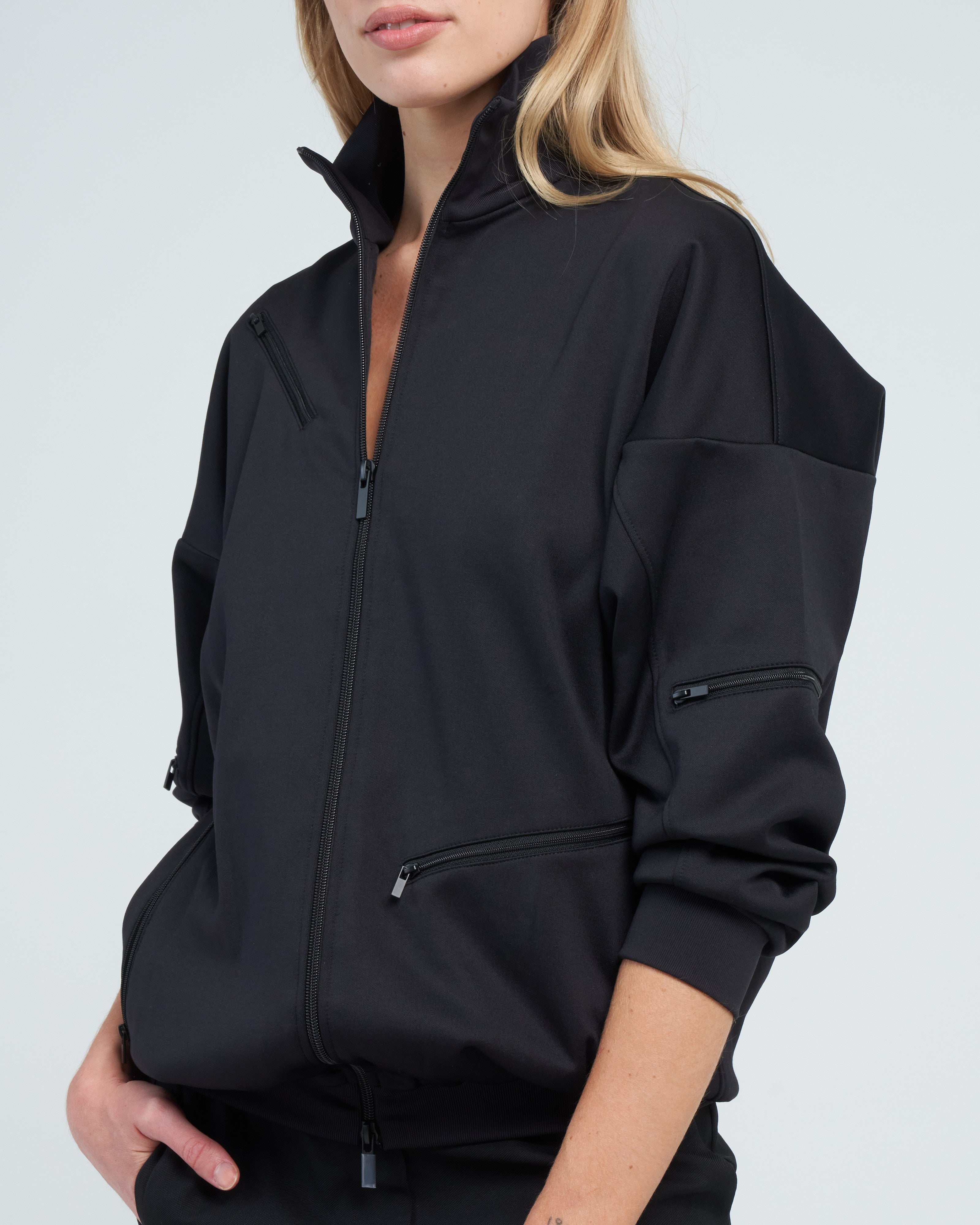active knit zipper detailed track jacket - black