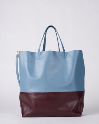 large bag with strap - light blue and red leather