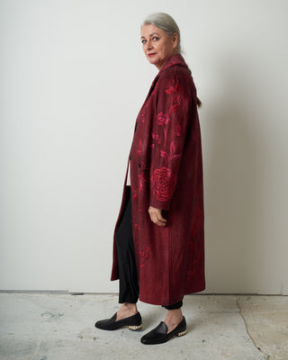 felted rever coat with roses embroidery - wine