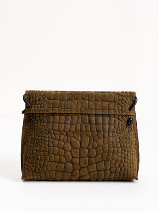 strappy foldover - olive suede embossed gator