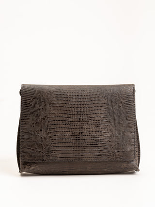 strappy foldover - brown embossed lizard