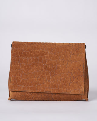 strappy foldover - tawny embossed suede w/graphite detail