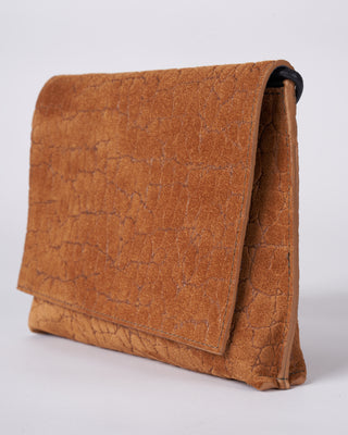strappy foldover - tawny embossed suede w/graphite detail
