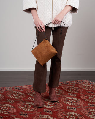 strappy pouch - tawny embossed suede w/graphite detail