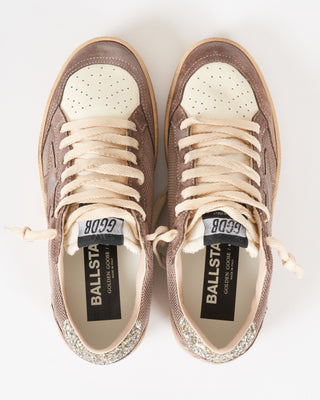 ballstar net upper with suede toe star glitter heel - beige/white ecru/brown/platinum