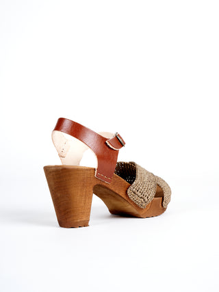 high heel clog sandal - raphia cognac