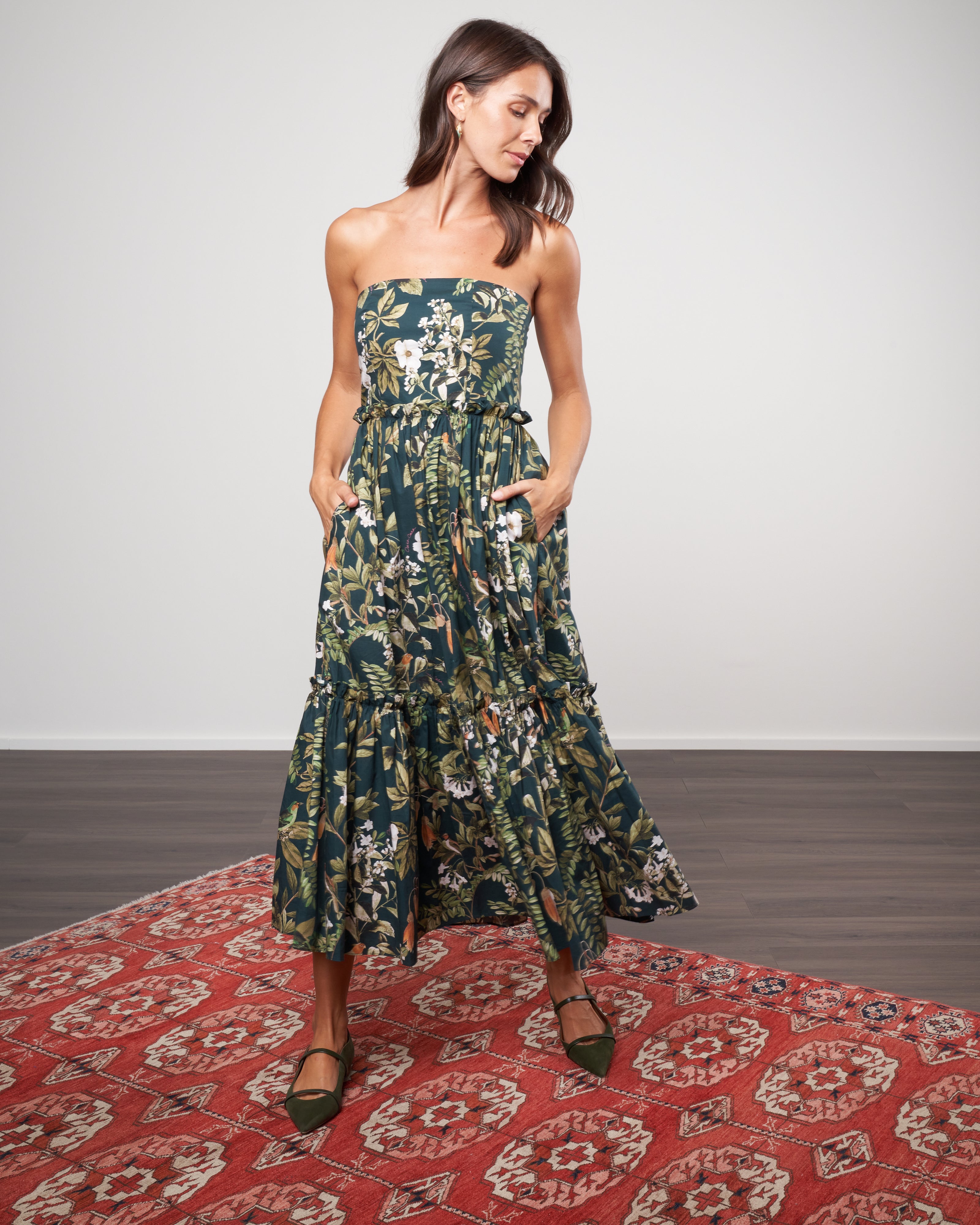 Cara Cara Torres Dress Botanical Birds Emerald Bote Cara Cara Torres Dress Botanical Birds Emerald Bote