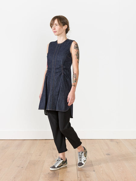 Carven Open Back Flared Denim Dress Indigo