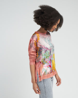 cashmere silk round neck pullover with front peonies silk - rosa