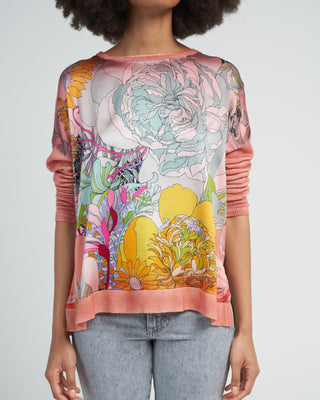 cashmere silk round neck pullover with front peonies silk - rosa