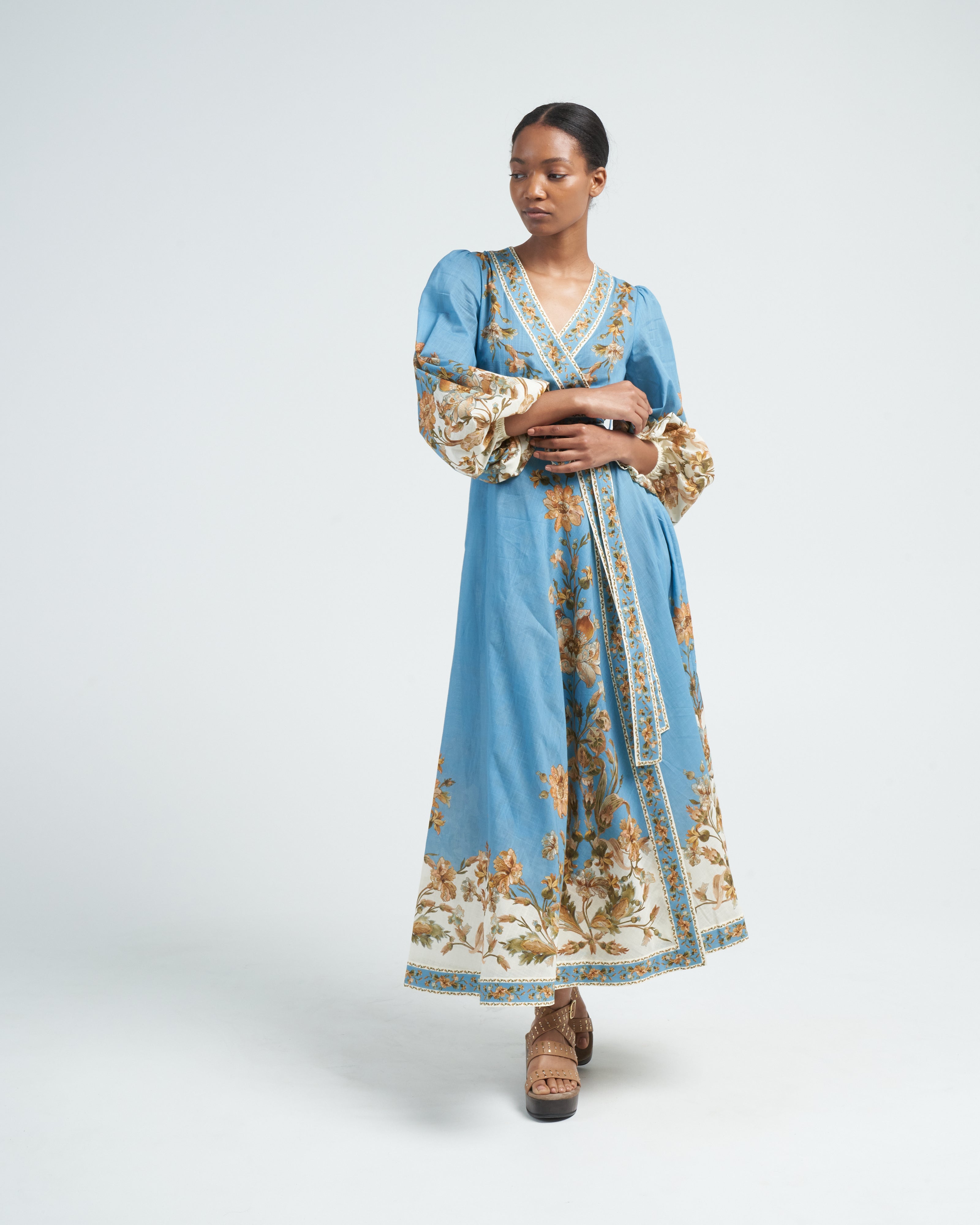 Zimmermann Chintz Wrap Midi Dress Blue Daisy Floral Zimmermann Chintz Wrap Midi Dress Blue Daisy Floral