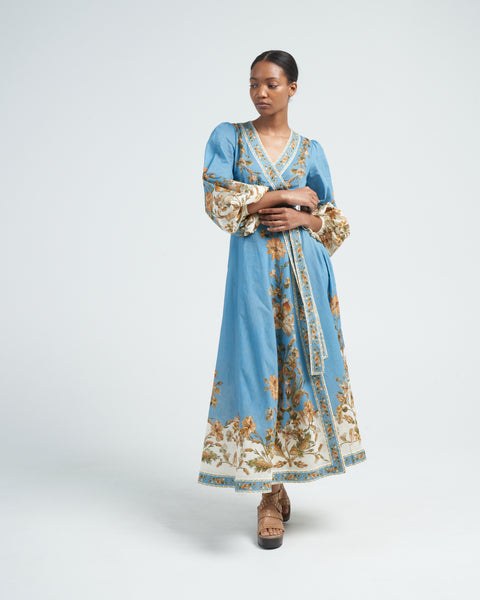 Zimmermann Chintz Wrap Midi Dress Blue Daisy Floral