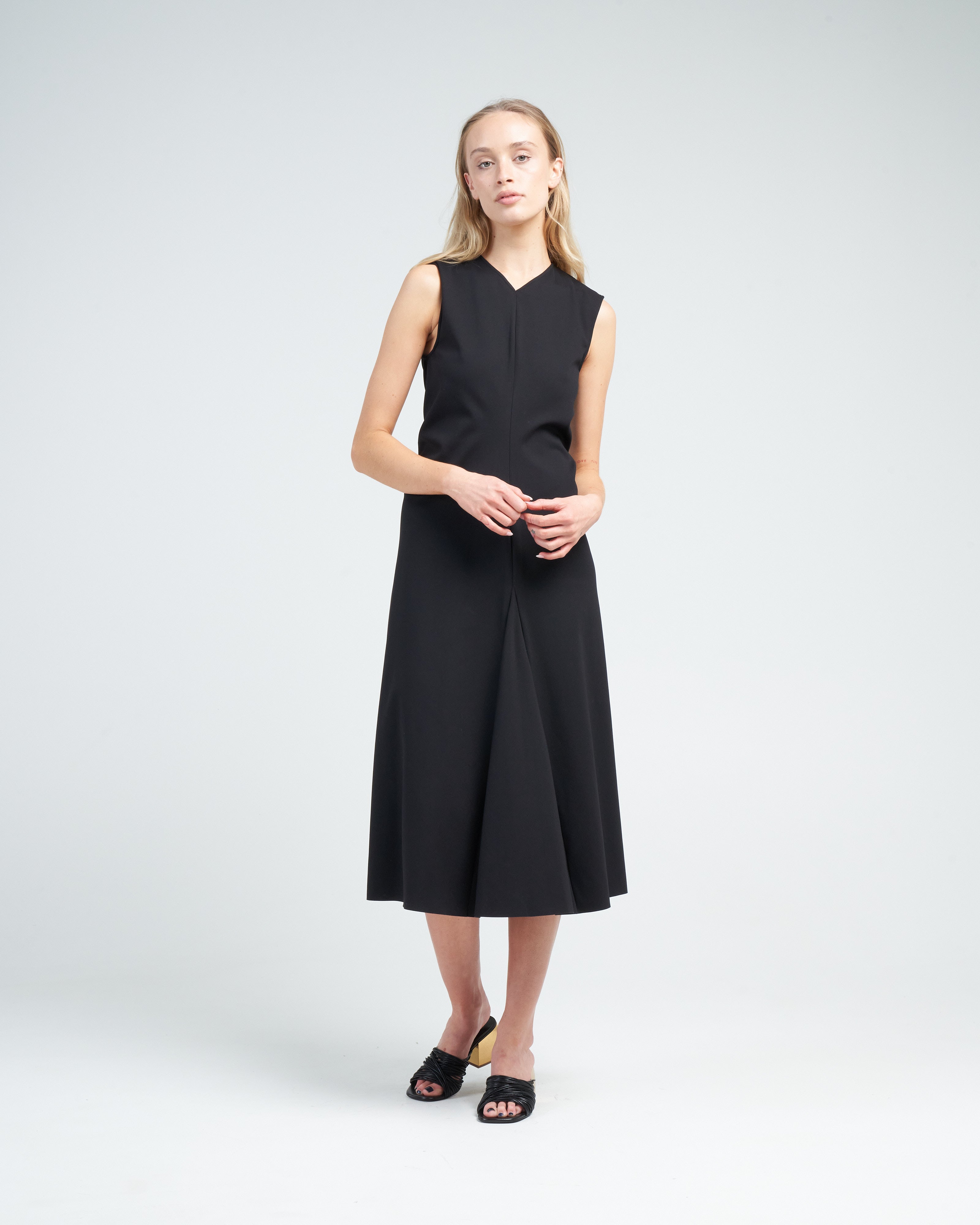 Tibi Compact Ultra Stretch Knit Vneck Godet Dress Black Tibi Compact Ultra Stretch Knit Vneck Godet Dress Black
