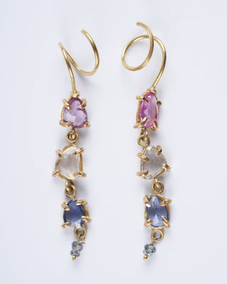 cork screw earrings with montana rainbow sapphires and green diamonds
