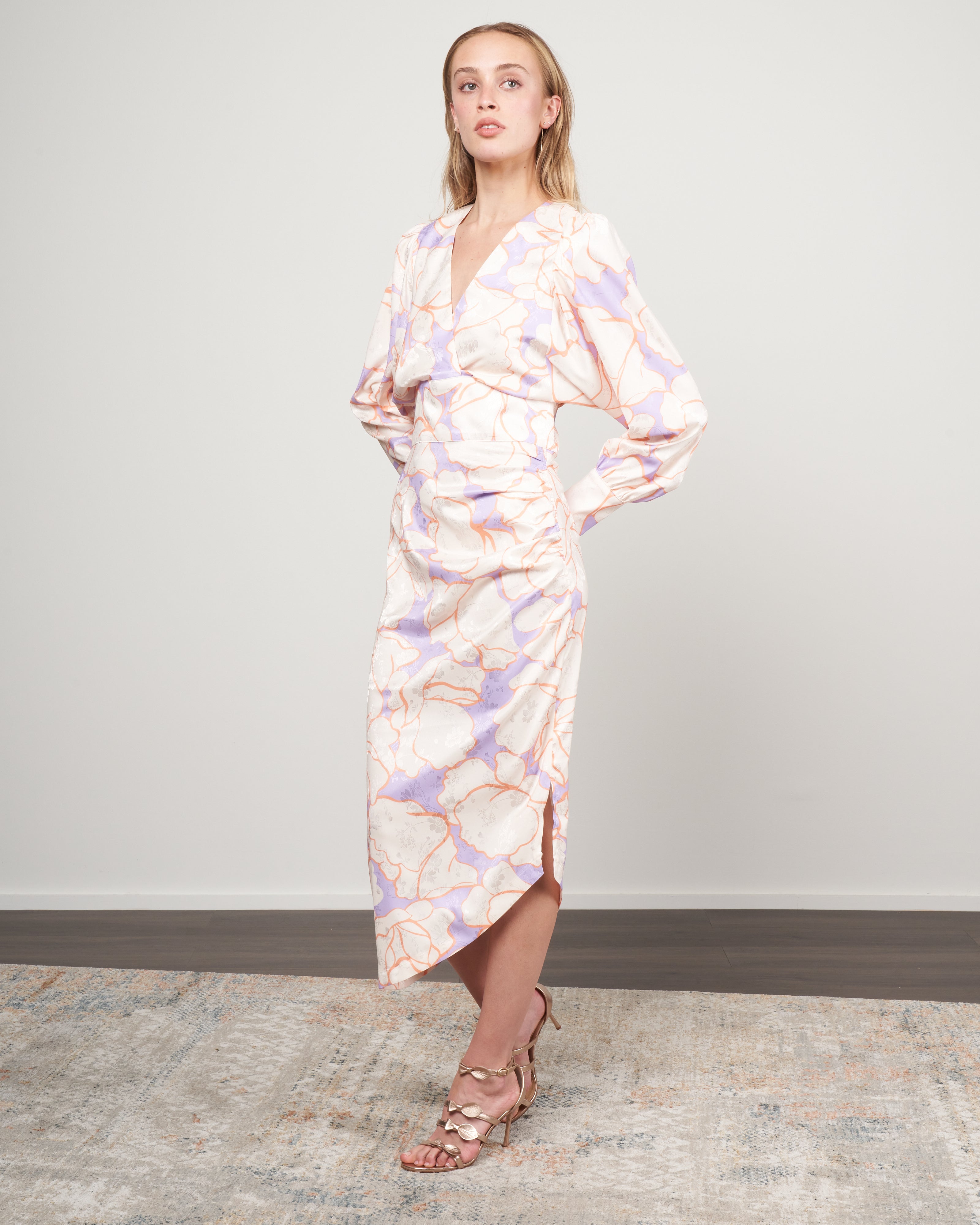 Smythe Draped Midi Dress Abstract Lilac Floral Smythe Draped Midi Dress Abstract Lilac Floral