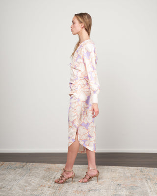 draped midi dress - abstract lilac floral